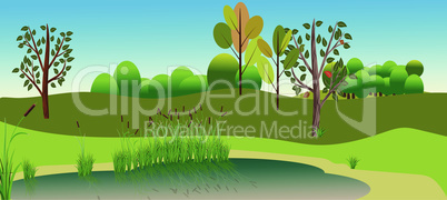 Vector Landscape with attractive view lake and forest. Reed plants and sand on the lake beach