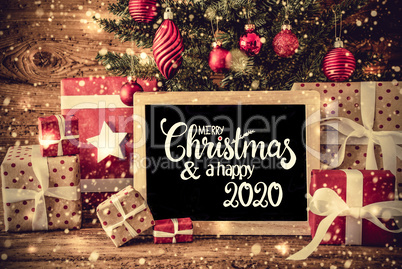 Christmas Tree, Present, Text Merry Christmas And A Happy 2020, Snowflakes