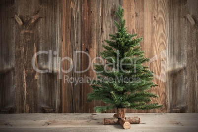 One Christmas Tree, Brown Rustic Wooden Background Or Texture