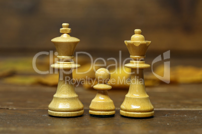 Family - White Queen, King and Pawn - Chess Pieces on a Blurry Brown Background