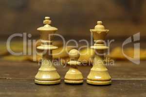 Family - White Queen, King and Pawn - Chess Pieces on a Blurry Brown Background