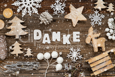 Wooden Christmas Decoration, Danke Means Thank You, Tree And Sled, Snowflakes