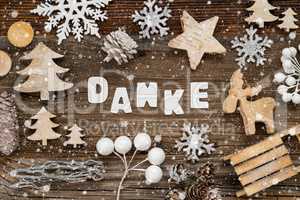 Wooden Christmas Decoration, Danke Means Thank You, Tree And Sled, Snowflakes