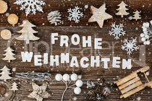 Decoration, Frohe Weihnachten Means Merry Christmas, Tree And Sled, Snowflakes