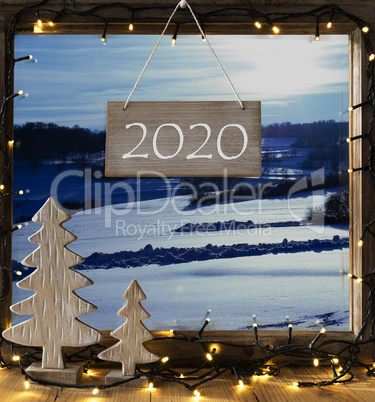 Window, Winter Landscape, Text 2020, Fram With Fairy Lights