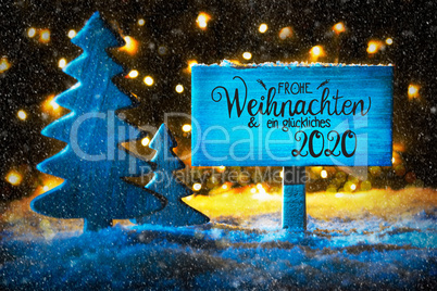 Christmas Tree, Lights, Snow, Glueckliches 2020 Means Happy 2020