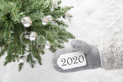 Christmas Tree, Glove, Text 2020, White Snow Background