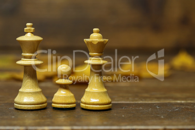 Family - White Queen, King and Pawn - Chess Pieces on a Blurry Brown Background