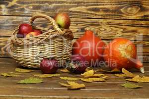 Composition of ripe red apples on a blurred background