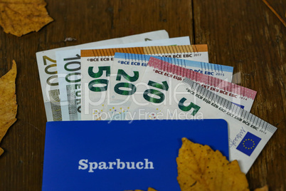 Euro money in a savings book on a table