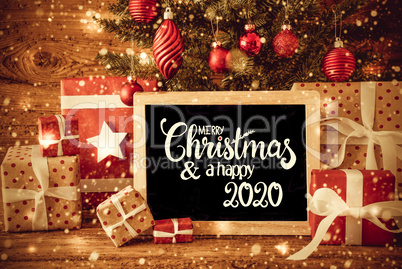 Christmas Tree, Gift, Text Merry Christmas And A Happy 2020, Snowflakes