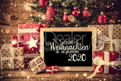 Christmas Tree, Gift, Snowflakes, Text Glueckliches 2020 Means Happy 2020