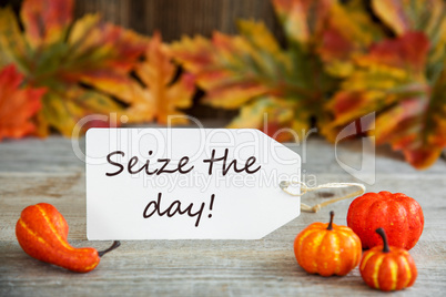 Label With Text Seize The Day, Pumpkin And Leaves