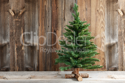 One Christmas Tree, Brown Wooden Background Or Texture
