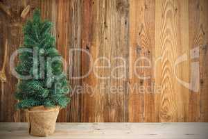 Christmas Tree, Rustic Brown Wooden Background, Copy Space