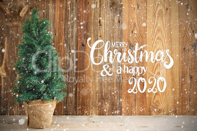 Christmas Tree, Wooden Background, Merry Chirstmas And Happy 2020, Snow