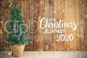 Christmas Tree, Wooden Background, Merry Chirstmas And Happy 2020, Snow