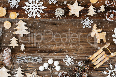 Wooden Background. Frame Of Christmas Decoration Like Tree And Snowflakes