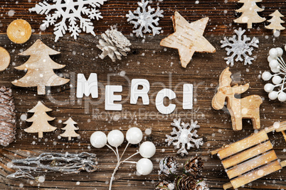 Wooden Christmas Decoration, Merci Means Thank You, Tree And Sled, Snowflakes