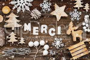 Wooden Christmas Decoration, Merci Means Thank You, Tree And Sled, Snowflakes