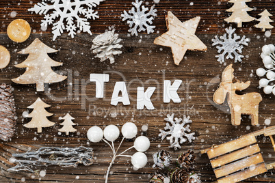 Wooden Christmas Decoration, Takk Means Thank You, Tree And Sled, Snowflakes