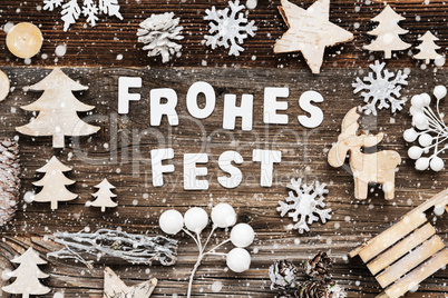 Wooden Decoration, Frohes Fest Means Merry Christmas, Sled And Tree, Snowflakes