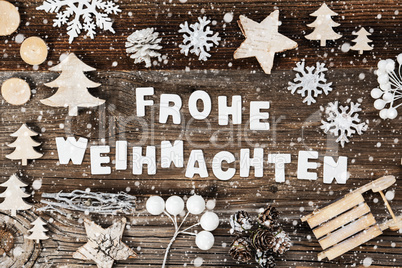 Decoration, Frohe Weihnachten Means Merry Christmas, Sled And Tree, Snowflakes