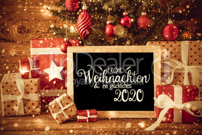 Christmas Tree, Gift, Text Glueckliches 2020 Means Happy 2020, Snowflakes