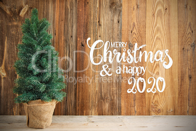 Christmas Tree, Wooden Background, Merry Chirstmas And Happy 2020