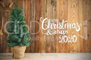 Christmas Tree, Wooden Background, Merry Chirstmas And Happy 2020