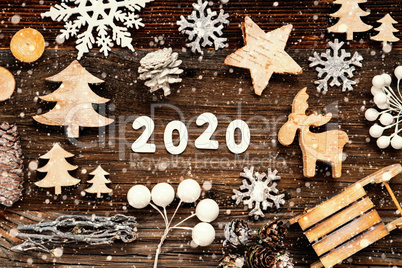 Wooden Christmas Decoration, 2020, Tree, Fir Cone And Sled, Snowflakes
