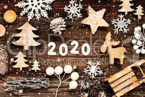 Wooden Christmas Decoration, 2020, Tree, Fir Cone And Sled, Snowflakes