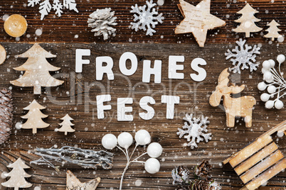 Wooden Decoration, Frohes Fest Means Merry Christmas, Tree And Sled, Snowflakes