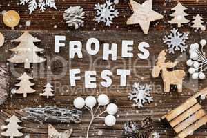 Wooden Decoration, Frohes Fest Means Merry Christmas, Tree And Sled, Snowflakes