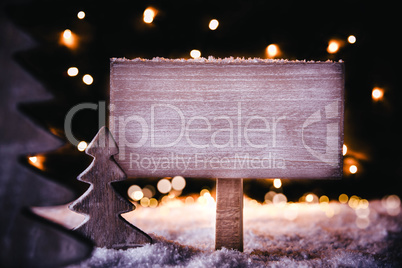 Christmas Tree, Snowflakes, Copy Space, White Wooden Sign, Snow