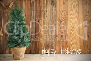 Christmas Tree, Rustic Wooden Background, Happy Holidays