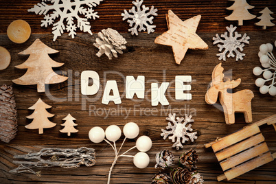 Wooden Christmas Decoration, Danke Means Thank You, Tree And Sled