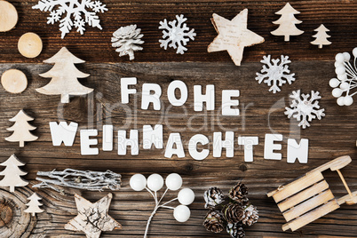 Wooden Decoration, Frohe Weihnachten Means Merry Christmas, Sled And Tree