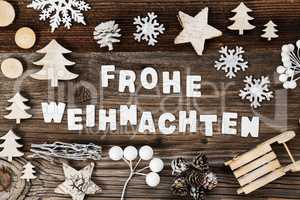 Wooden Decoration, Frohe Weihnachten Means Merry Christmas, Sled And Tree