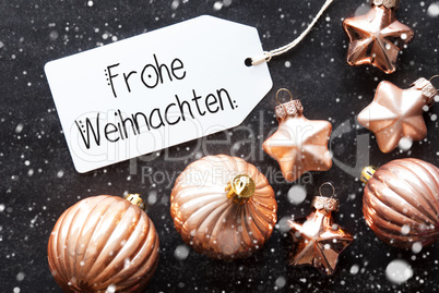 Label, Golden Decoration, Frohe Weihnachten Means Merry Christmas, Snowflakes