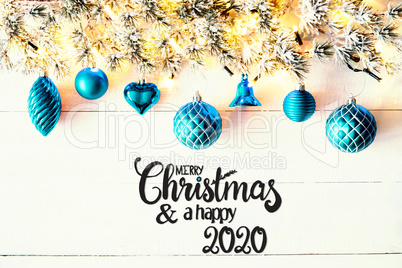 Turqouise Christmas Decoration, Fir Branch, Merry Christmas And Happy 2020