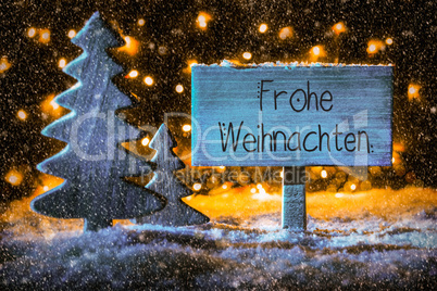 Wooden Sign, Tree, Snow, Calligraphy Frohe Weihnachten Means Merry Christmas