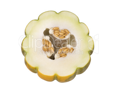 Half of ripe fresh melon with seeds isolated on white background