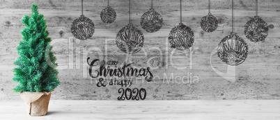 Christmas Tree, Balls, Merry Christmas And A Happy 2020, Black And White