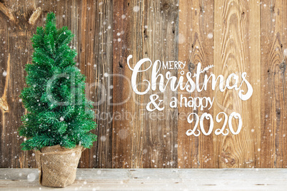 Wooden Background, Tree, Calligraphy Merry Christmas And Happy 2020, Snow