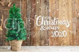 Wooden Background, Tree, Calligraphy Merry Christmas And Happy 2020, Snow