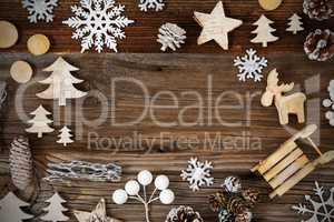 Wooden Background. Frame Of Christmas Decoration Like Tree And Star