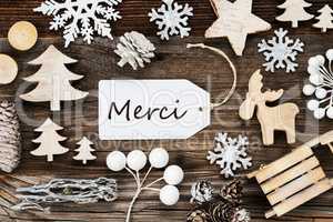 Label, Frame Of Christmas Decoration, Merci Means Thank You