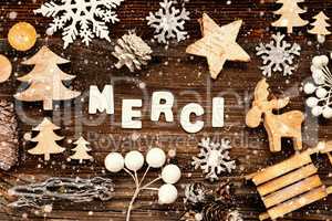 Christmas Decoration, Merci Means Thank You, Tree And Sled, Snowflakes