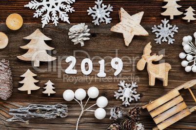 Rustic Wooden Christmas Decoration, 2019, Tree, Fir Cone And Sled